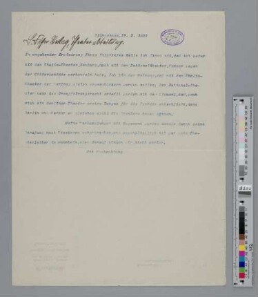 Brief an S. Fischer Verlag, Theater Abteilung