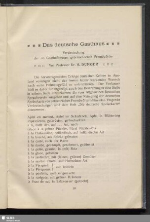 Das deutsche Gasthaus. Verdeutschung der im Gasthofwesen gebräuchlichen Fremdwörter