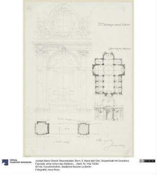 Reisestudien, Rom, S. Maria dell`Orto, Skizzenblatt mit Grundriss, Fassade, einer Achse des Seitenschiffs und Pfeilergrundrissen