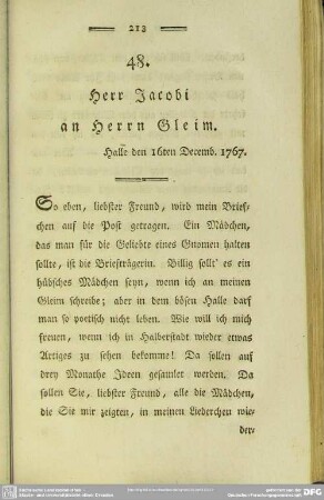 48. Herr Jacobi an Herrn Gleim. Halle den 16ten Decemb. 1767