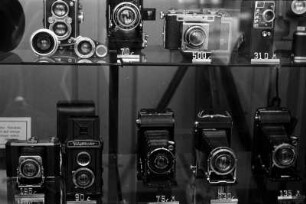 Berlin. Schaufenster eines Fotogeschäftes mit Fotokameras verschiedener Hersteller (Voigtländer, Zeiss & Ikon, Kodak)