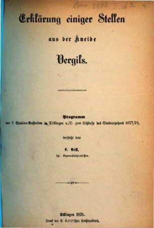 Erklärung einiger Stellen aus der Äneide Vergils