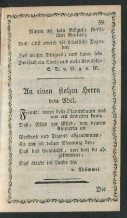 An einen stolzen Herrn von Adel.