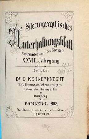 Stenographisches Unterhaltungsblatt : Bamberger Blätter in Einheitskurzschrift. 28. 1893