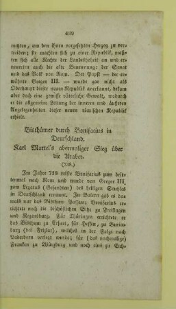 Bisthuemer durch Bonifacius in Deutschland. Karl Martel's abermaliger Sieg ueber die Araber