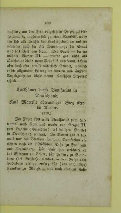 Bisthuemer durch Bonifacius in Deutschland. Karl Martel's abermaliger Sieg ueber die Araber