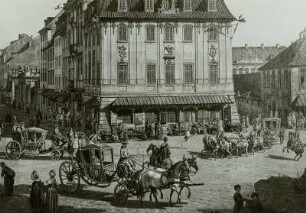 Warschau: Krakauer Vorstadt vom Krakauer Tor aus (links Sigismundus-Säule, rechts barocke Bürgerhäuser) : Wagen, Karossen, Bellotto-Gemälde
