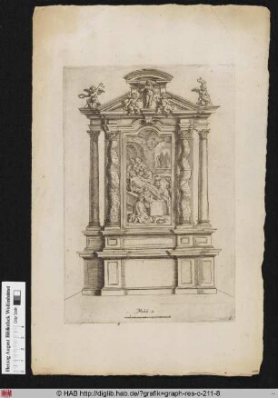 Entwurf für einen Altar nach der Architektur mit der Darstellung der Grablegung Christi, darüber fünf Engel mit Kreuzen, Kränzen und einer Lanze.