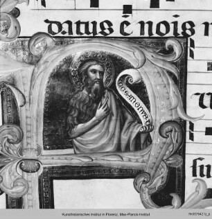 Antiphonar zu Dante Alighieri : Textseite mit historisierter Initiale F: Johannes der Täufer
