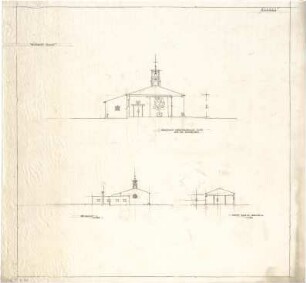 Gsaenger, Gustav; München - Solln; Friedhof - Ostseite (Ansicht), Aussegnungshalle (Querschnitt), Nebenräume (Schnitt)