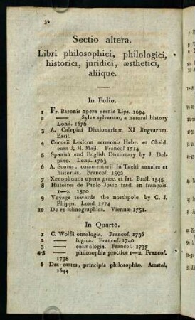 32-75, Sectio altera. Libri philosophici, philologici, historici, jurdici, aesthetici, aliique