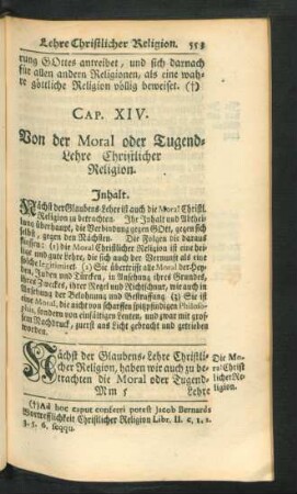 Cap. XIV. [i.e. XIX.] Von der Moral oder Tugend-Lehre Christlicher Religion.