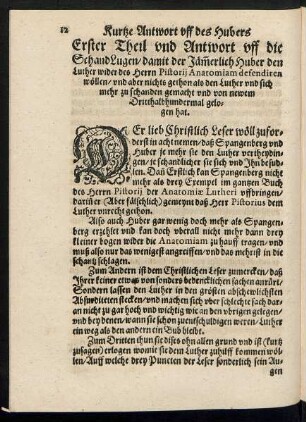 Erster Theil und Antwort uff die Schand Lugen/ damit der Jämmerlich Huber den Luther wider des Herrn Pistorii Anatomiam defendiren wöllen ...