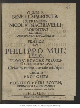 Bene Et Maledicta In Principis Nicolai Machiavelli Florentini Cap. I, II, III.