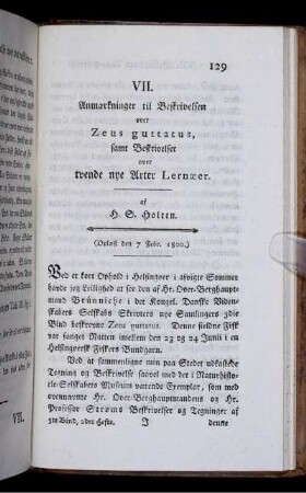 VII. Anmærkninger til Beskrivelsen over Zeus guttatus, samt Beskrivelse over tvende nye Arter Lernæer.