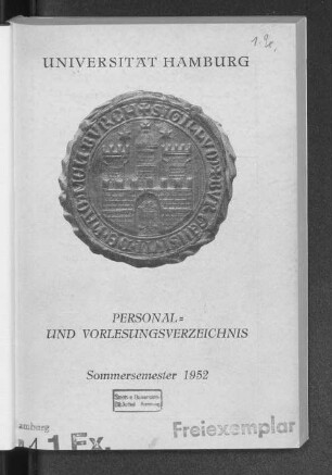 SS 1952: Personal- und Vorlesungsverzeichnis // Hamburgische Universität