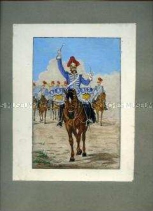 Sächsisches Musik-Korps der Garde-Reiter zu Pferd, Kesselpauker im Vordergrund, 1901.