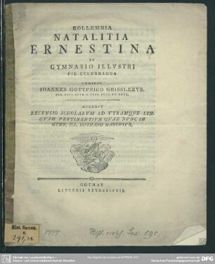 Sollemnia Natalitia Ernestina In Gymnasio Illustri Pie Celebranda Indicit