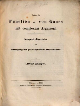 Über die Function II von Gauss mit complexem Argument : Inaugural-Dissertation