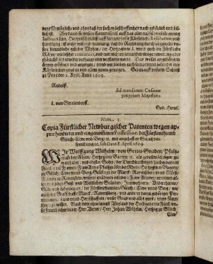 A3v-A4v Num. 3, Copia Fürstlicher Newburgischer Patenten ... 1609