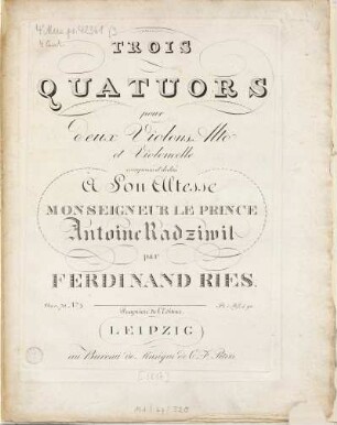 Trois quatuors : pour 2 violons, alto et violoncelle ; oeuv. 70. 3. Pl.Nr. 1259. - Vl 1 (8 S.), Vl 2, Va Vc (je 5 S.)
