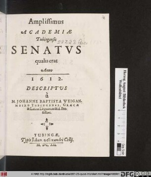Amplissimus Academiae Tubingensis Senatus qualis erat Anno 1612.