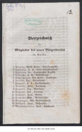 Verzeichniß der Mitglieder des neuen Bürgervereins in Gotha