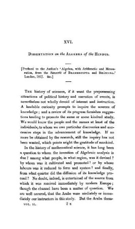 XVI. Dissertation on the Algebra of the Hindus