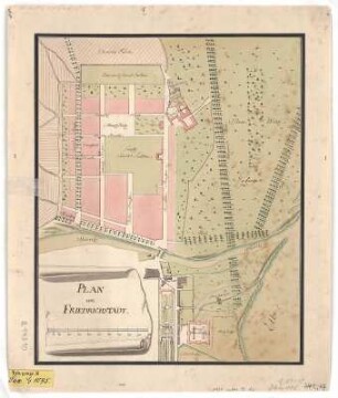 Stadtplan von Dresden-Friedrichstadt, ca. 1:6 000, Handzeichnung, um 1780 : Plan der Friedrichstadt. - [Ca. 1:6 000]. - [S.l.] , [um 1780]. - 1 Kt. : kolor. Handzeichng. ; 27 x 33 cm
