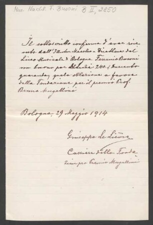 Empfangsbescheinigung an Ferruccio Busoni : 29.05.1914