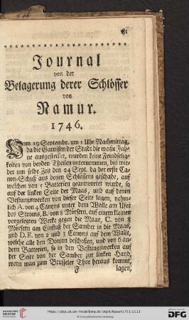 Journal von der Belagerung derer Schloesser von Namur, 1746