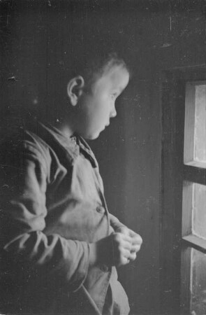 Zweiter Weltkrieg. Zur Einquartierung. Sowjetunion. Profilansicht eines kleinen russischen Jungen am Fenster einer Bauernhütte
