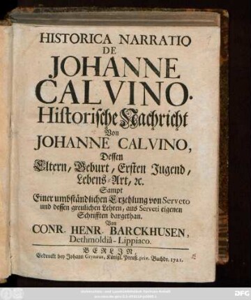 Historica Narratio De Johanne Calvino