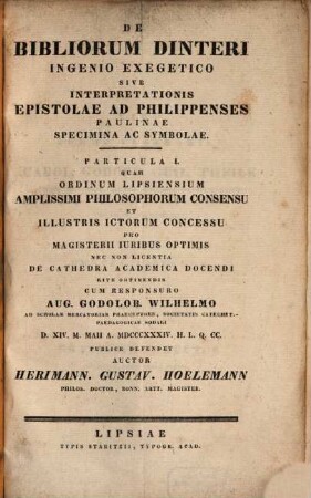 De bibliorum Dinteri ingenio exegetico sive interpretationis Epistolae ad Philippenses Paulinae specimina ac symbolae, 1