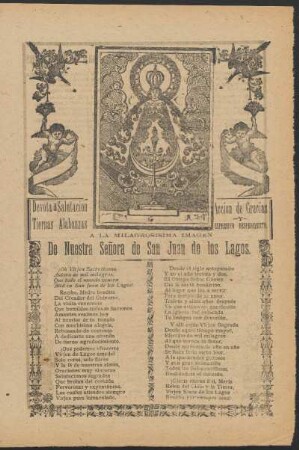 Á la milagrosisima imagen de nuestra Señora de San Juan de los Lagos : devota salutación ; tiernas alabanzas ; acción de gracias y expresivo despedimento