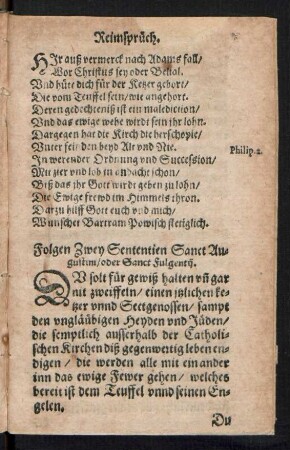 Folgen Zwey Sententien Sanct Augustini/ oder Sanct Fulgentii.
