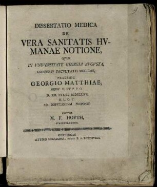 Dissertatio Medica De Vera Sanitatis Humanae Notione