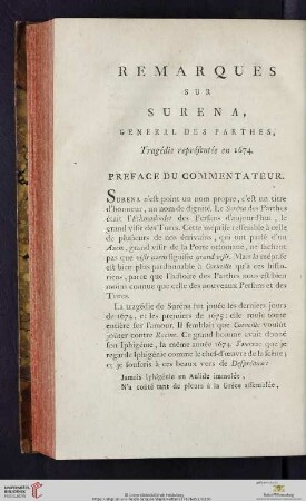 Remarques sur Surena, General des Parthes, Tragédie représentée en 1674