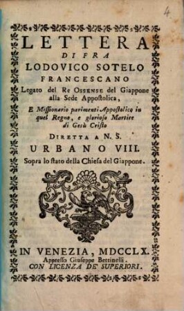 Lettera di fra Lodovico Sotelo ... sopra lo stato della Chiesa del Giappone
