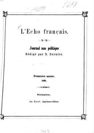 L' écho français : journal non politique. 1. 1868