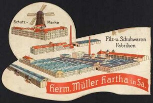 Hermann Müller Hartha Sachsen Filz- und Schuhwarenfabriken : Rückseite mit Ansicht der Fabrik. Herm. Müller Hartha Sa. Filz- und Schuhwarenfabriken. Ausmalbuch in Schuhform. um 1940. Dresden: SLUB 2024 8 017308