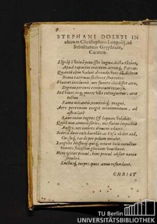 Stephani Doleti In obitum Christophori Longolii, ad Sebastianum Gryphium, Carmen.