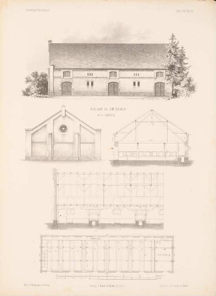 Kuhstall, Königsberg: Grundriss, Ansicht, Seitenansicht, Querschnitt, Längsschnitt (aus: Architektonisches Skizzenbuch, H. 58/5, 1862)