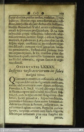 Observatio LXXXV. Insignis vesicatoriorum in febri maligna virtus
