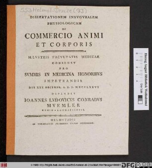 Dissertationem Inavgvralem Physiologicam De Commercio Animi Et Corporis