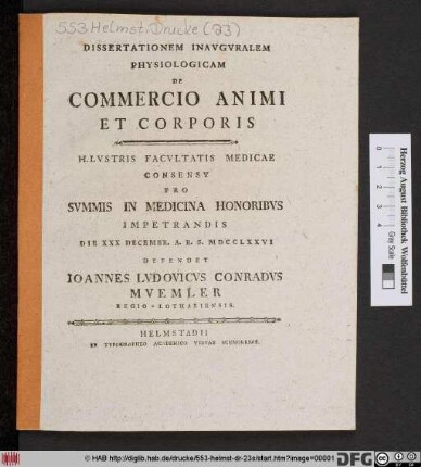 Dissertationem Inavgvralem Physiologicam De Commercio Animi Et Corporis