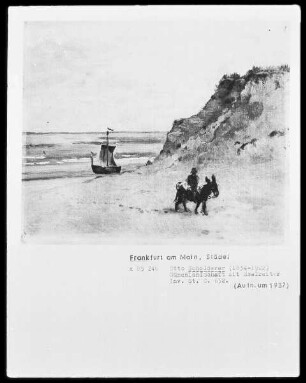 Eselreiter und Segelboot am Dünenstrand