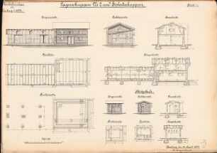 Bauhof, Hamburg-Harburg: Lagerschuppen Nr.2 und Eisbootschuppen: Ansichten, Grundrisse, Schnitte 1:100