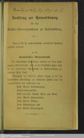 Nachtrag zur Hausordnung für das Weiber-Correctionshaus zu Hubertusburg