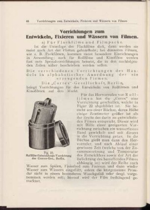 Vorrichtungen zum Entwicklen, Fixieren und Wässern von Filmen.